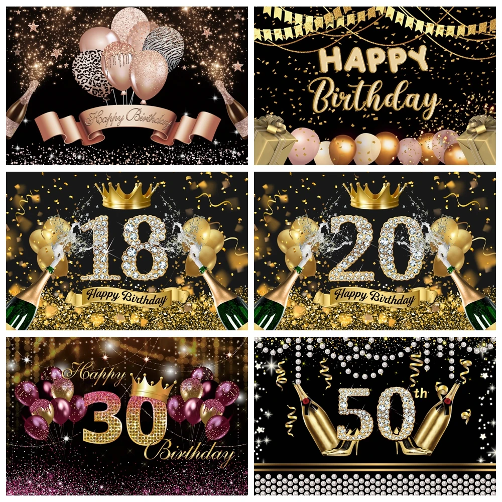 Happy Birthday Backdrop 18 30 40 50th Birthday Party  Photography Background For Women Men Boys Girls Rose Gold Photocall Studio