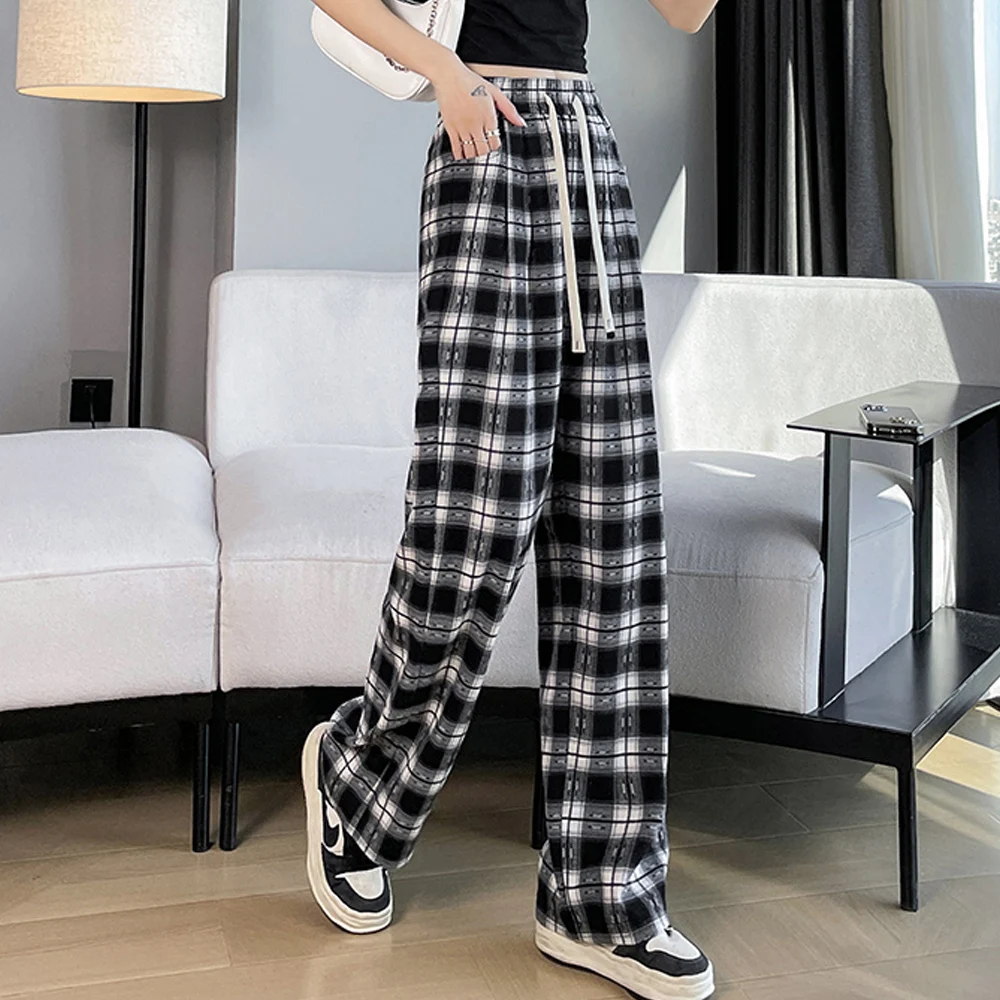 

Black checkered wide leg straight leg pants for women's autumn new high-end fashion plus size elastic waist casual pants