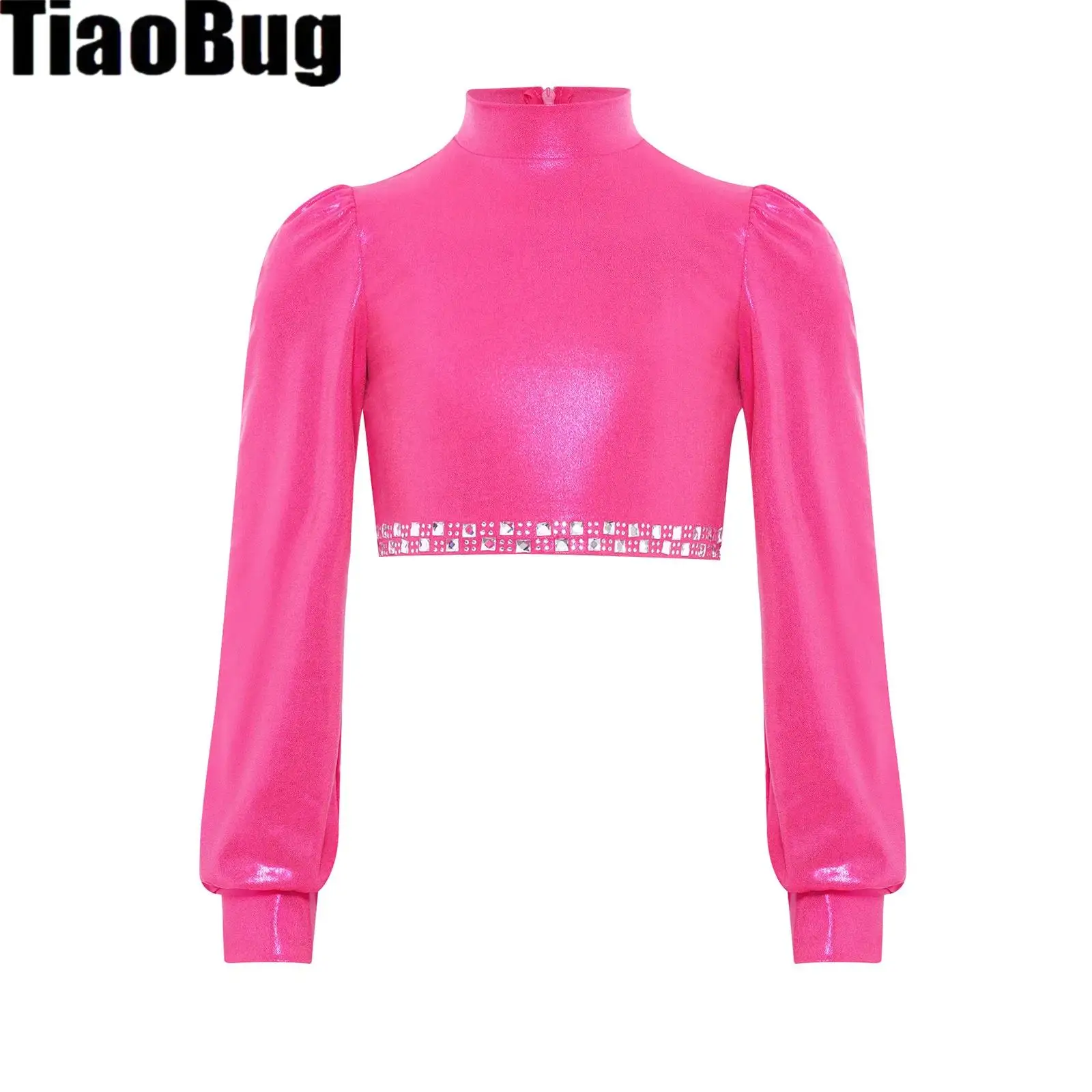 

Girls Hip-hop Jazz Dance Costume Mock Neck Long Sleeves Shiny Rhinestones Metallic Crop Tops with Pants Performance Dancewear