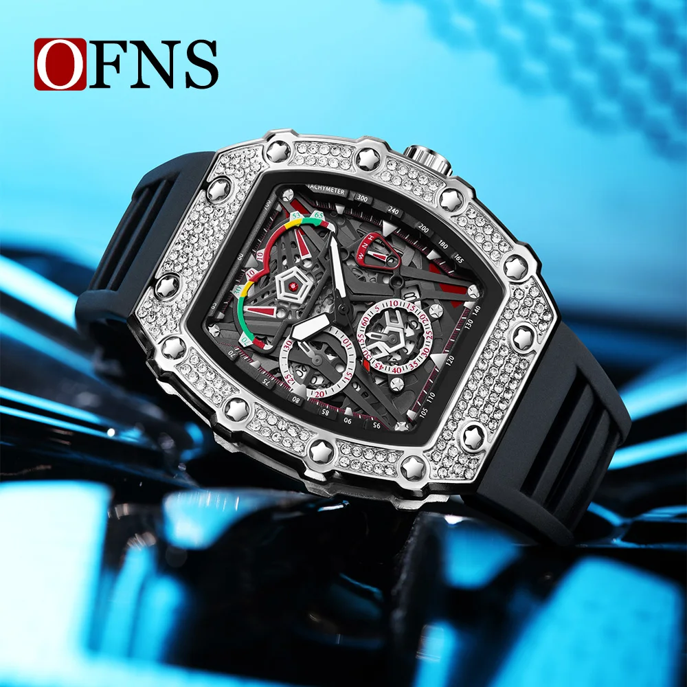 Fashion Ofns Brand 7105 Creative Hollow Barrel Type Men's Personalized Quartz Watch Fashion Diamond Inlaid Night Light Calendar