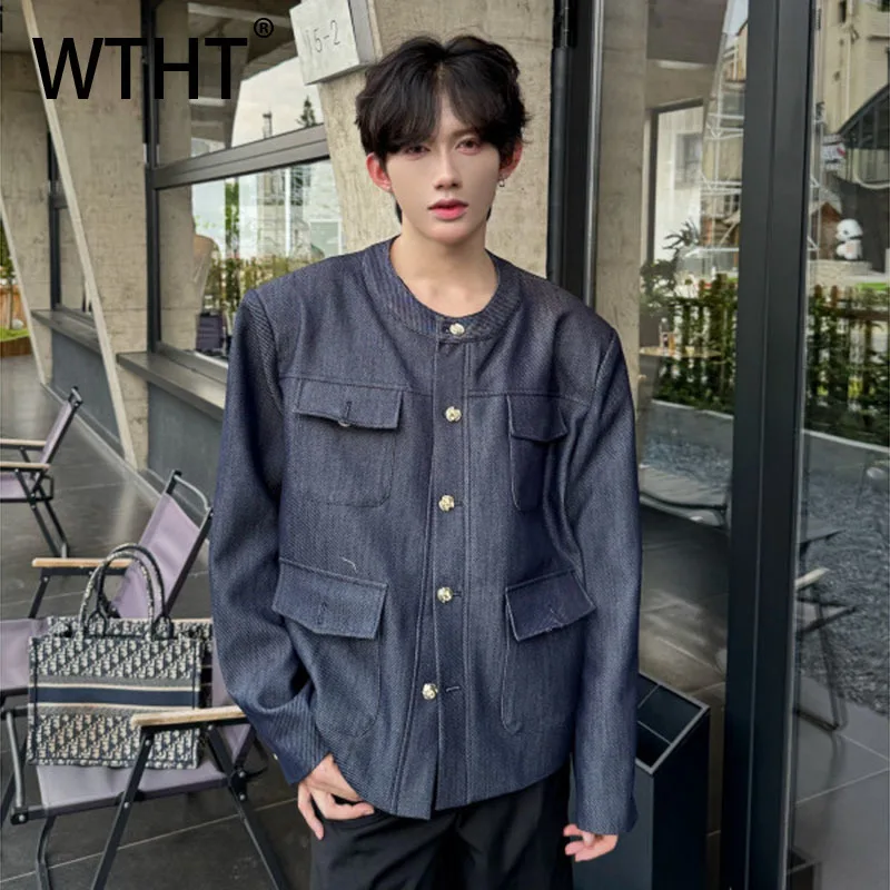 

WTHT модные мужские пальто-карго со сращенными карманами, модные однобортные куртки с круглым вырезом и длинными рукавами, мужские куртки, осень 2023, 2A1902