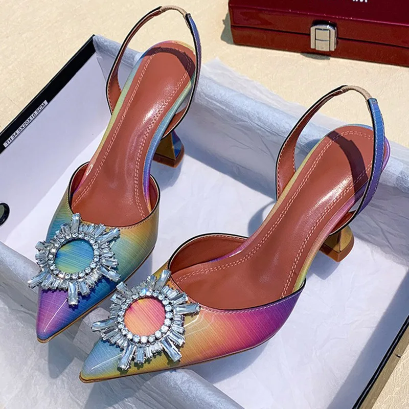 Pointed Toe Rhinestone Sunflower Rainbow Mirror High Heel Sandals Open Back Wine Glass Heel