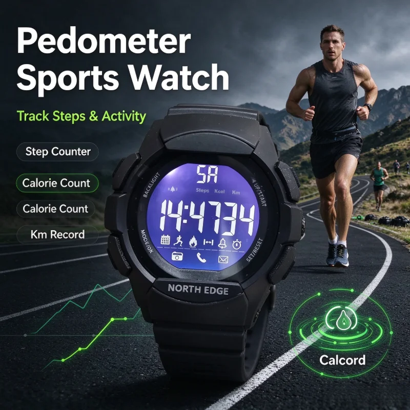 North Edge Digital Watch AK Series Men Outdoor Sports Watch 100m-Waterproof Multi Function Pedometer Camping Hiking Tool Gift