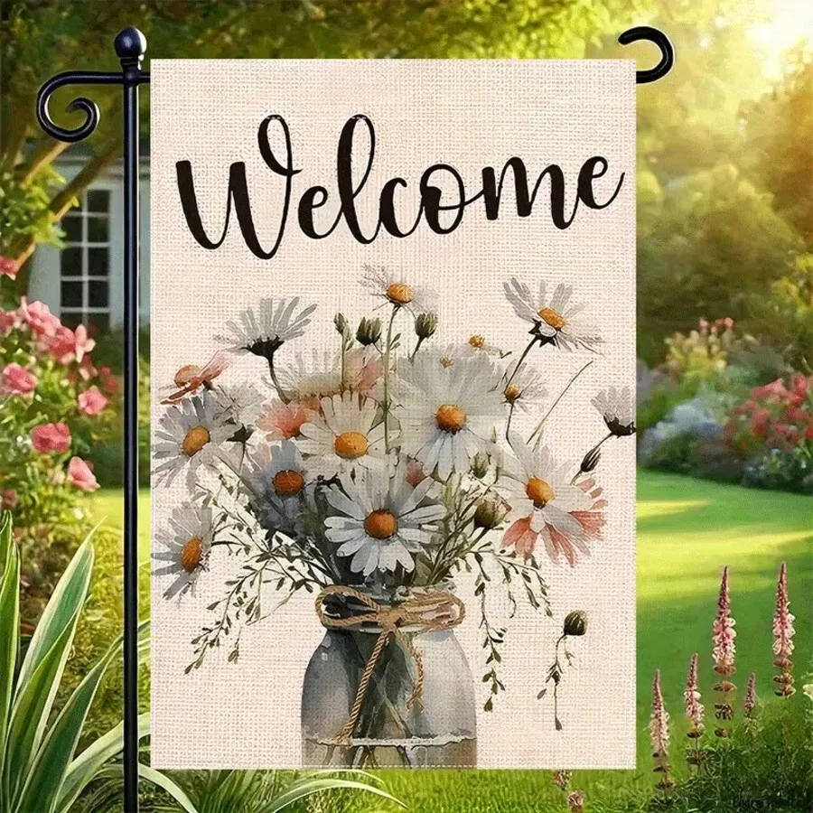 

1pc 12x18in Double Sided Burlap Garden Flag Rustic Daisy Mason Jar Floral Welcome Design Spring Summer Outdoor Yard Decor