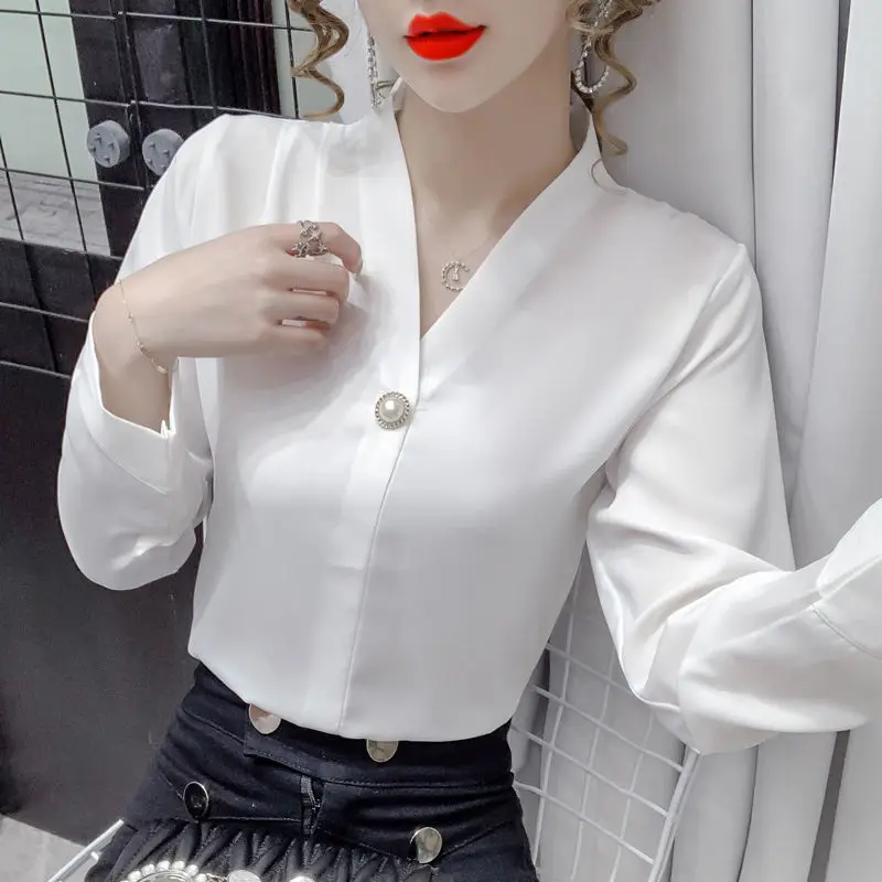 Fashion V-Neck Button Solid Color Blouses Women\'s Clothing 2023 Autumn Winter Korean Tops Office Lady Shirts