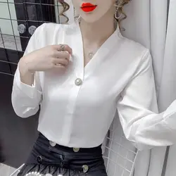 Fashion V-Neck Button Solid Color Blouses Women's Clothing 2023 Autumn Winter Korean Tops Office Lady Shirts