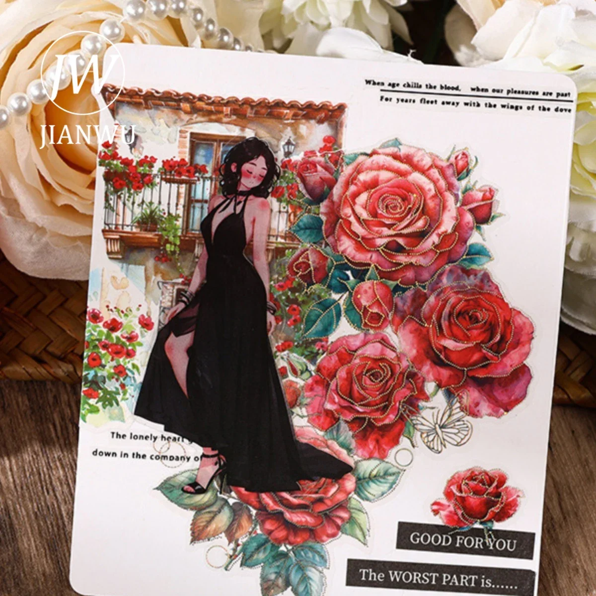 JIANWU The Roses Are in Bloom Series Vintage Flower Bronzing Material Collage PET Sticker Creative DIY Journal Stationery