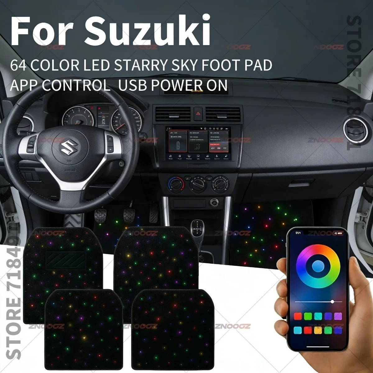 For Suzuki Celerio Swift Sport S-Cross GrandVitara Wagon R Ertiga Spacia Hustler USB Car LED Starry Sky Foot Mat DIY Can Be Cut