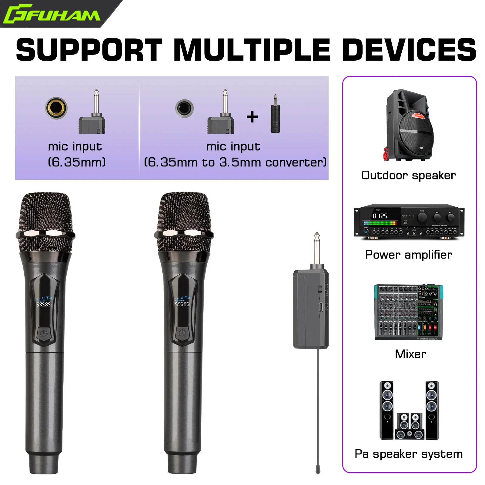 ميكروفون لاسلكي 2.4G 2 قنوات UHF ميكروفون محمول قابل لإعادة الشحن للكاريوكي واللايف وحفلات الزفاف والحفلات والاجتماعات