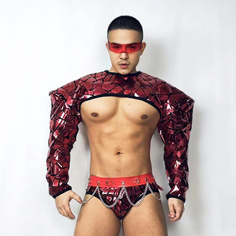 Male Red Mirror Sequins Pole Dance Costume Sexy Muscle Man Dancewear Nightclub Bar Gogo Dancer Outfit Dj DS Clubewear VDB4932