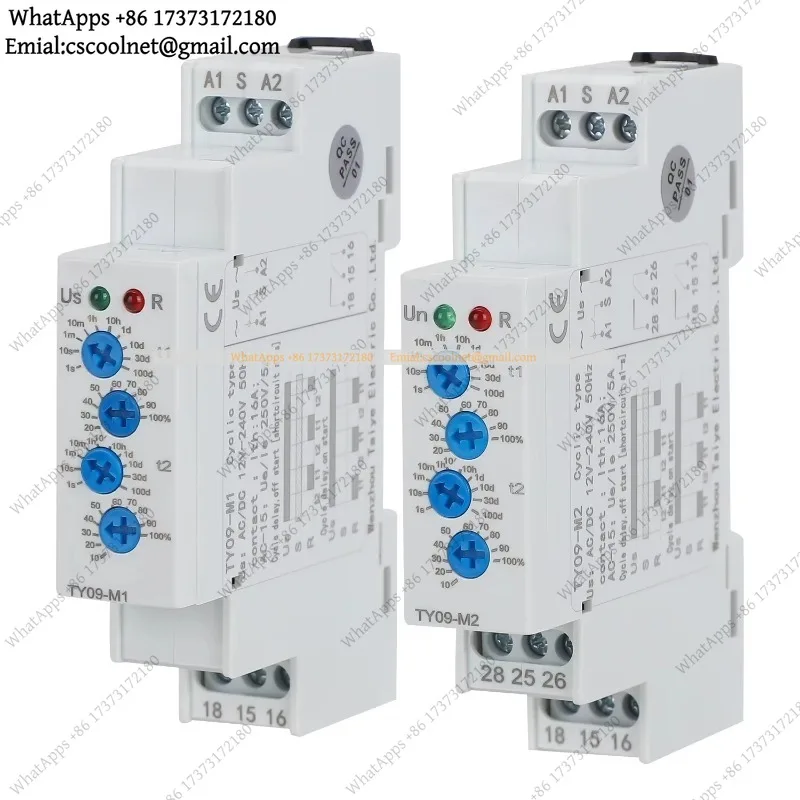 TY09-M1 M2 Cyclic Delay Timer Relay Switch SPDT AC/DC12V-240V 16A 50/60Hz 0.1s-100 Days Din Rail Module