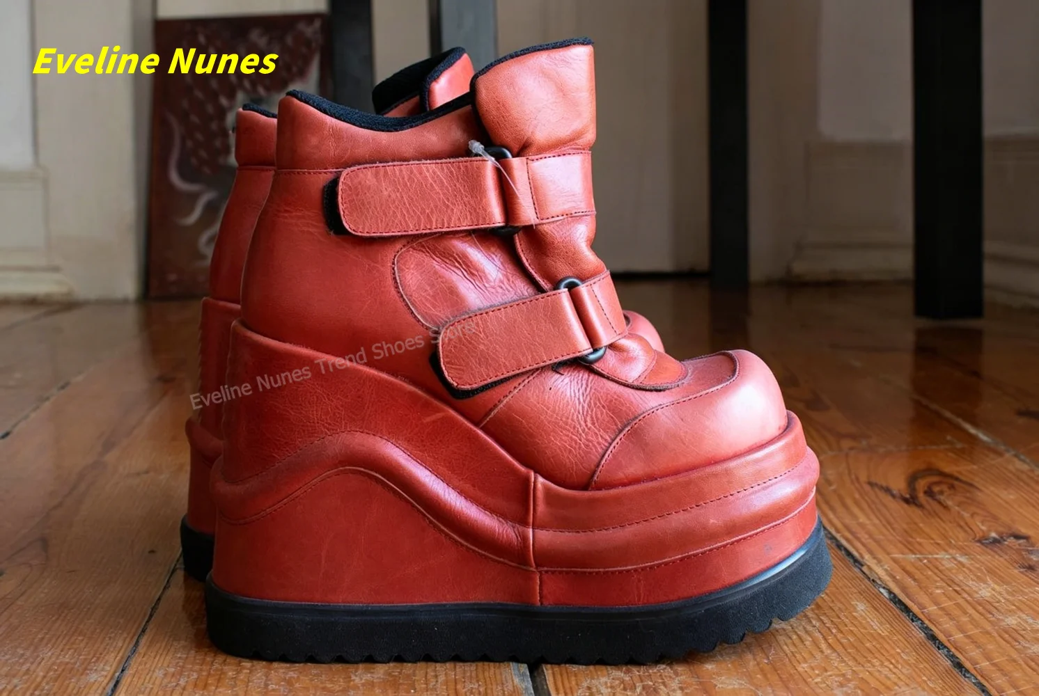 Y2K Gothic Red Wedge Platform Boots Women Round Toe Double Buckle Strap Super Thick Sole Punk Dark Street Style Ankle Footwear - view 6