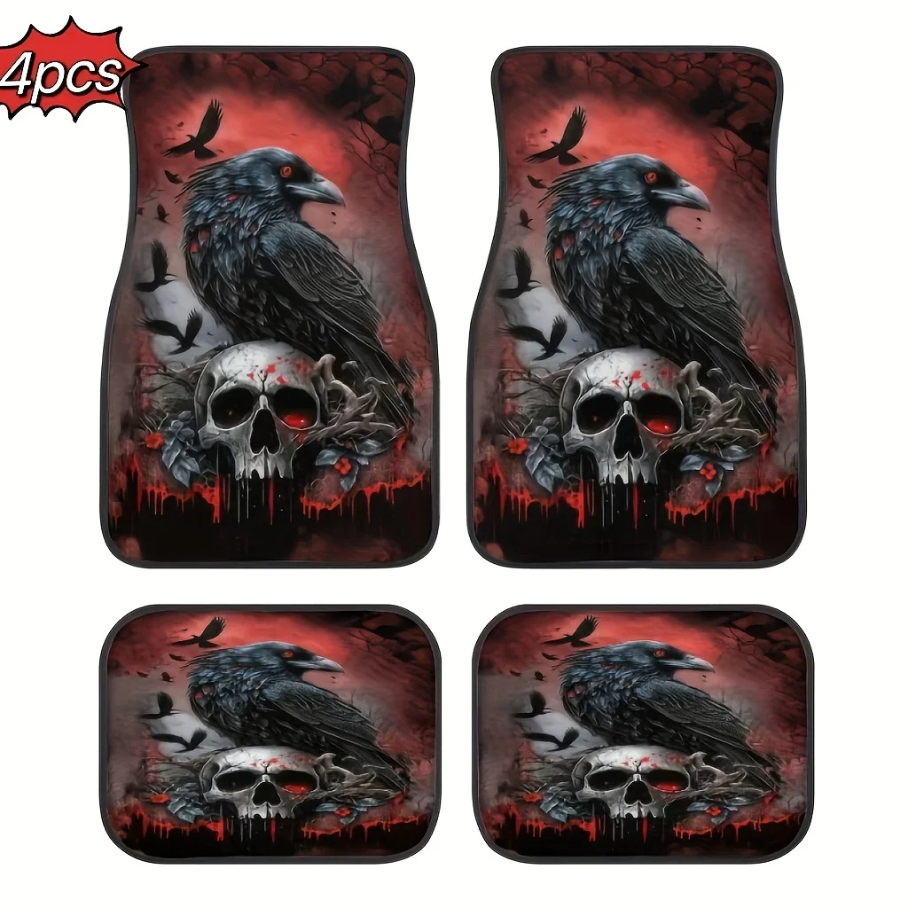 Gothic Raven and Skull Pattern Car Floor Mat Set Universal Fit Suitable for Most Vehicle Models Car Interior Accessorie