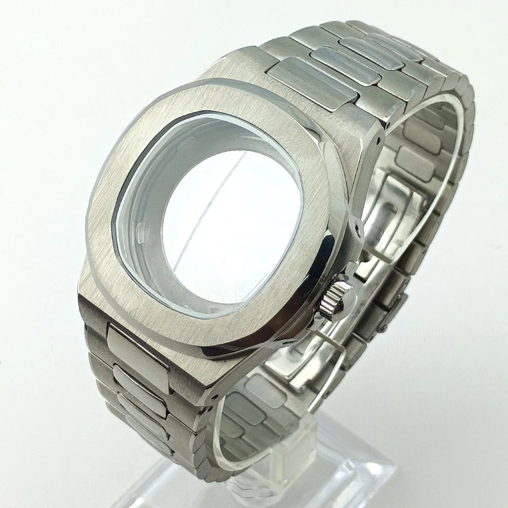 43,3 mm NH35-Gehäuse, silbriges Herren-Uhrengehäuse, Edelstahlgehäuse, Saphirglas, passend für NH35 NH36-Uhrwerk, Uhrenteile, 20 mm Uhrenarmband