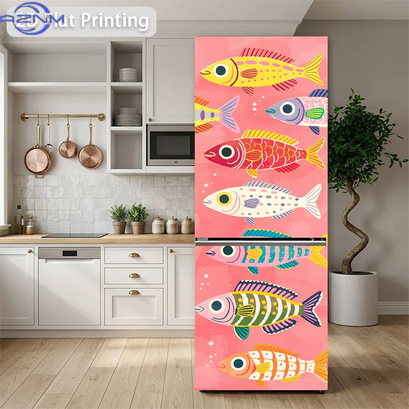[Printing] Fridge Magnet Sticker 60 X 180 Cm School of Colorful Fish Theme Design Wall Decoration Self-Adhesive, Suitable for