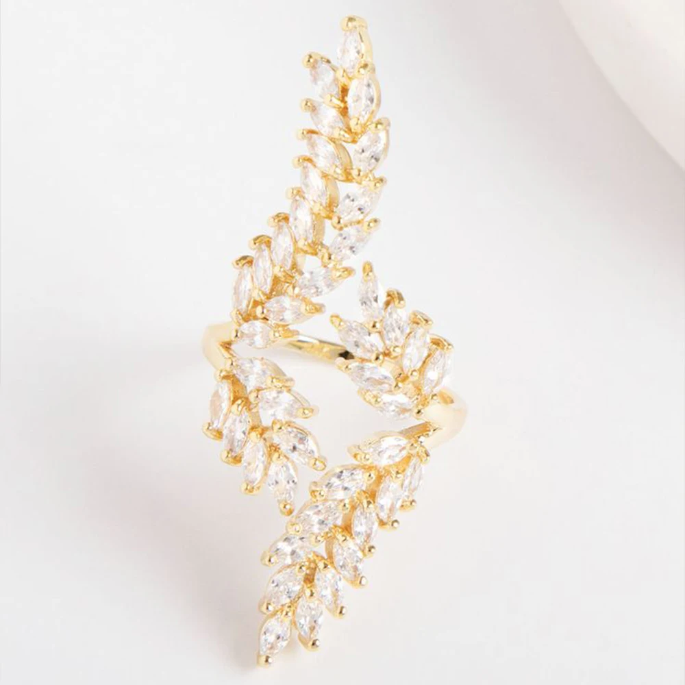 XSBODY Luxury Zircon Leaves Bridal Ring Open Princess Hand Decoraion Romantic Handmade Baroque Wedding Finger Rings for Women