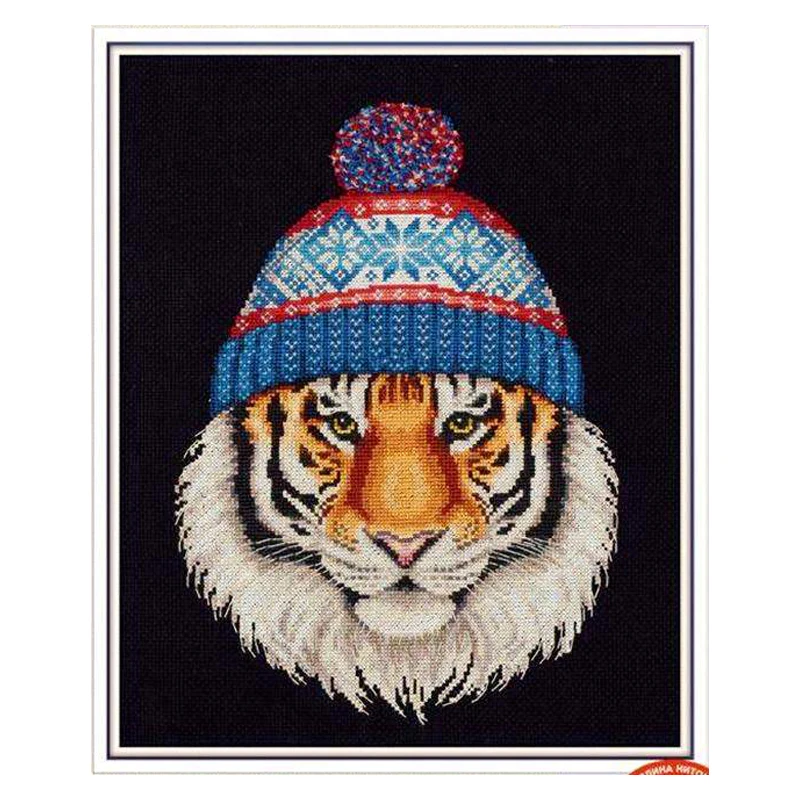 Amishop Counted Cross Stitch Kit, The Tiger Wearing a Hat, Theo The Sportstiger, Animal, Embroidery, Home Decorate, Panna J-7314