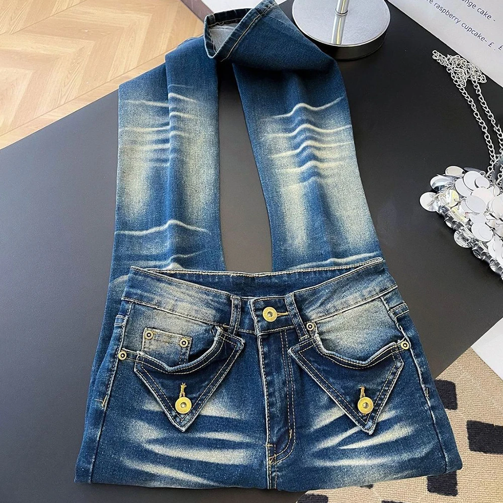 Vintage Gradient Washed Denim Pants for Women Triangle Pocket Decor Slim Flared Jeans Y2K Streetwear Fashion Bootcut Jeans