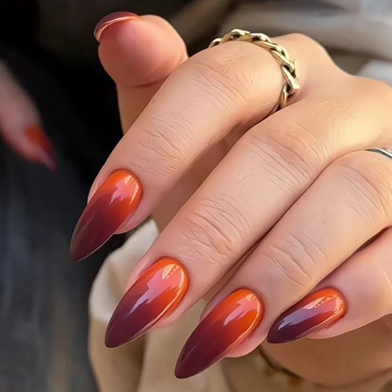 

24Pcs Mid-length Almond Nails Set Press on Orange Red Gradient Design Fake Nails Detachable Finished Full Cover False Nails Tips