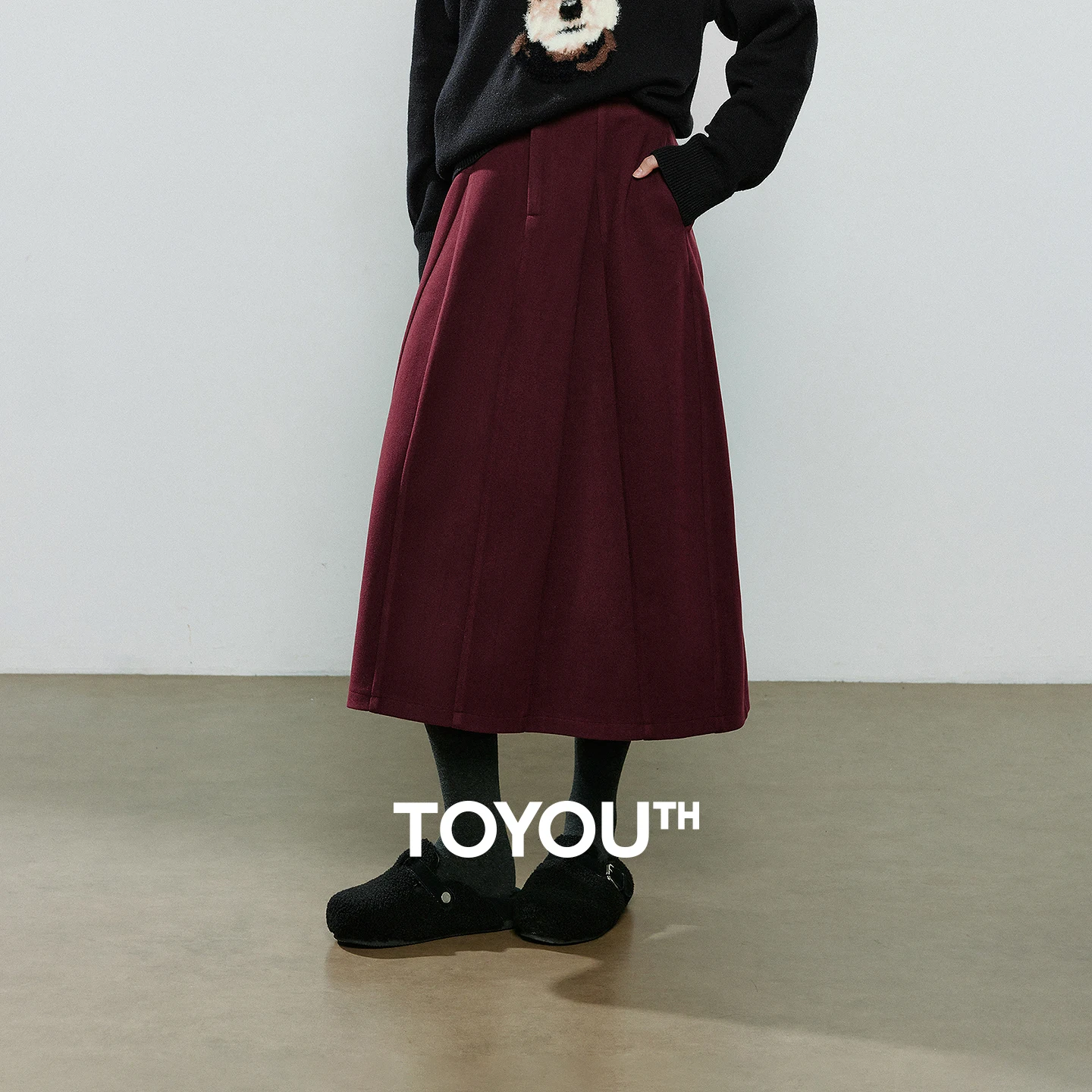 TOYOUTH Women Midi Skirts 2025 Winter NewAsymmetric High-Intelligence Office Style Warm Wool-Blend Red Umbrella Skirt