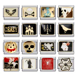 Semkeiyee Bat Pumpkin Ghost Spider Skull Cobweb Alien Crazy Candle Halloween 9mm Italian Bracelet Charm Making DIY Jewelry Gift