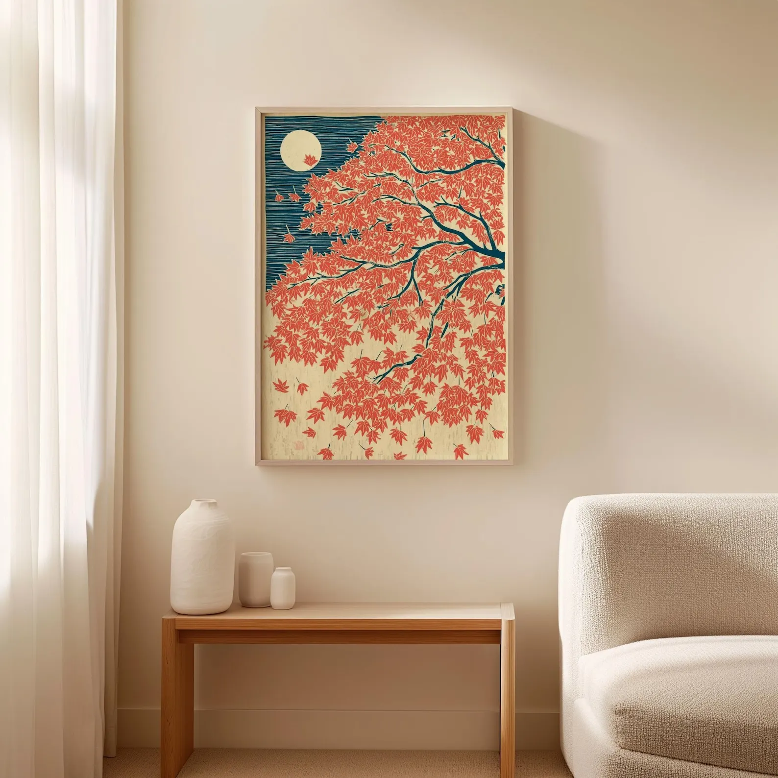Japanese Maple Autumn Poster Red Blue Wall Art Moonlit Landscape Illustration Print Elegant Nature Home Decor Japan Vintage Art