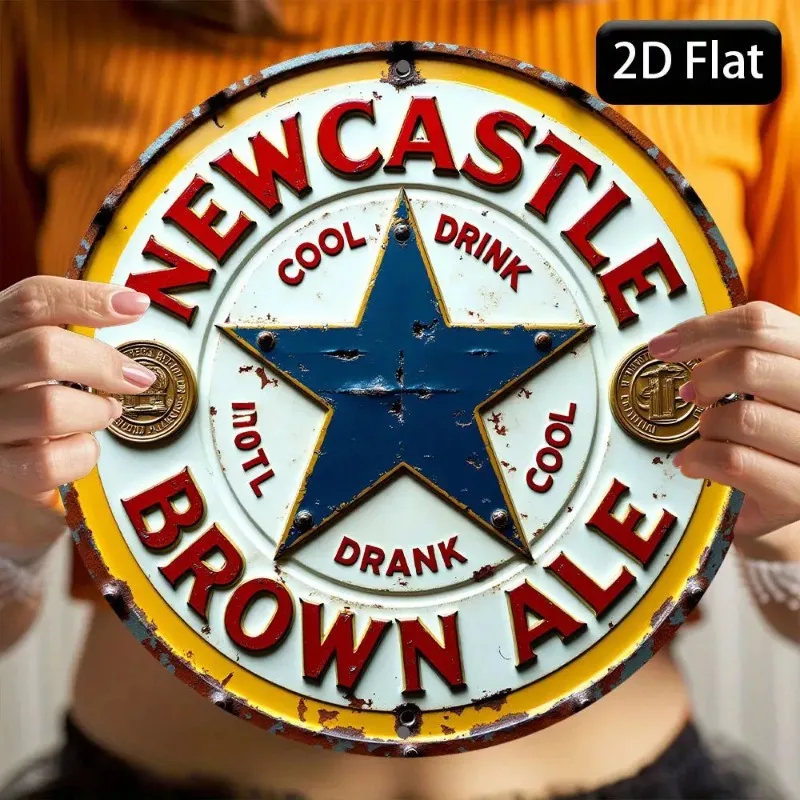 Vintage Newcastle Brown Ale Sign 8 Inch Round Metal Wall Art, Classic Logo Design for Kitchen Garden Office