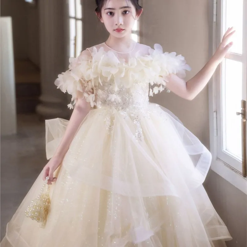 2026 New Girls' Breathable Princess Dress Children's Light Luxury Wedding Birthday Dress Kids' Lace Evening Dress For Gift LJ664