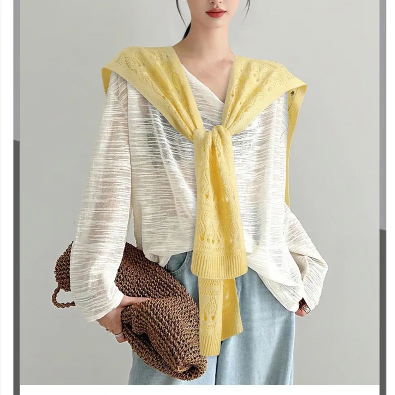 Korean Knitted poncho Ice Silk Shawl Women's Thin Hollow out Shirt with Shoulders for Spring Cloak Summer Cape P1