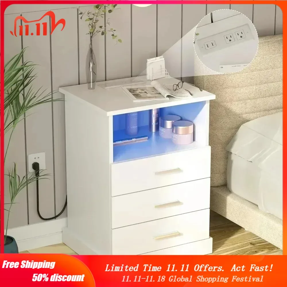 

Mini Bedside Table With Charging Station LED Light Bedside Table With 3 Drawers Bedroom Furniture Home