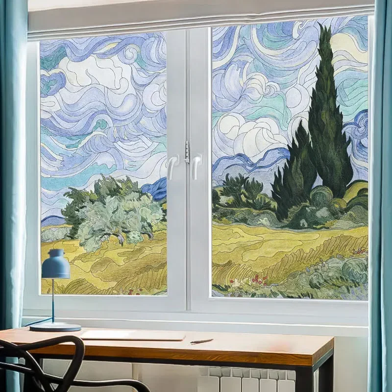 Privacy Windows Film Decorative Van Gogh Stained Glass Window Stickers No Glue Static Cling Frosted Windows Film for Home