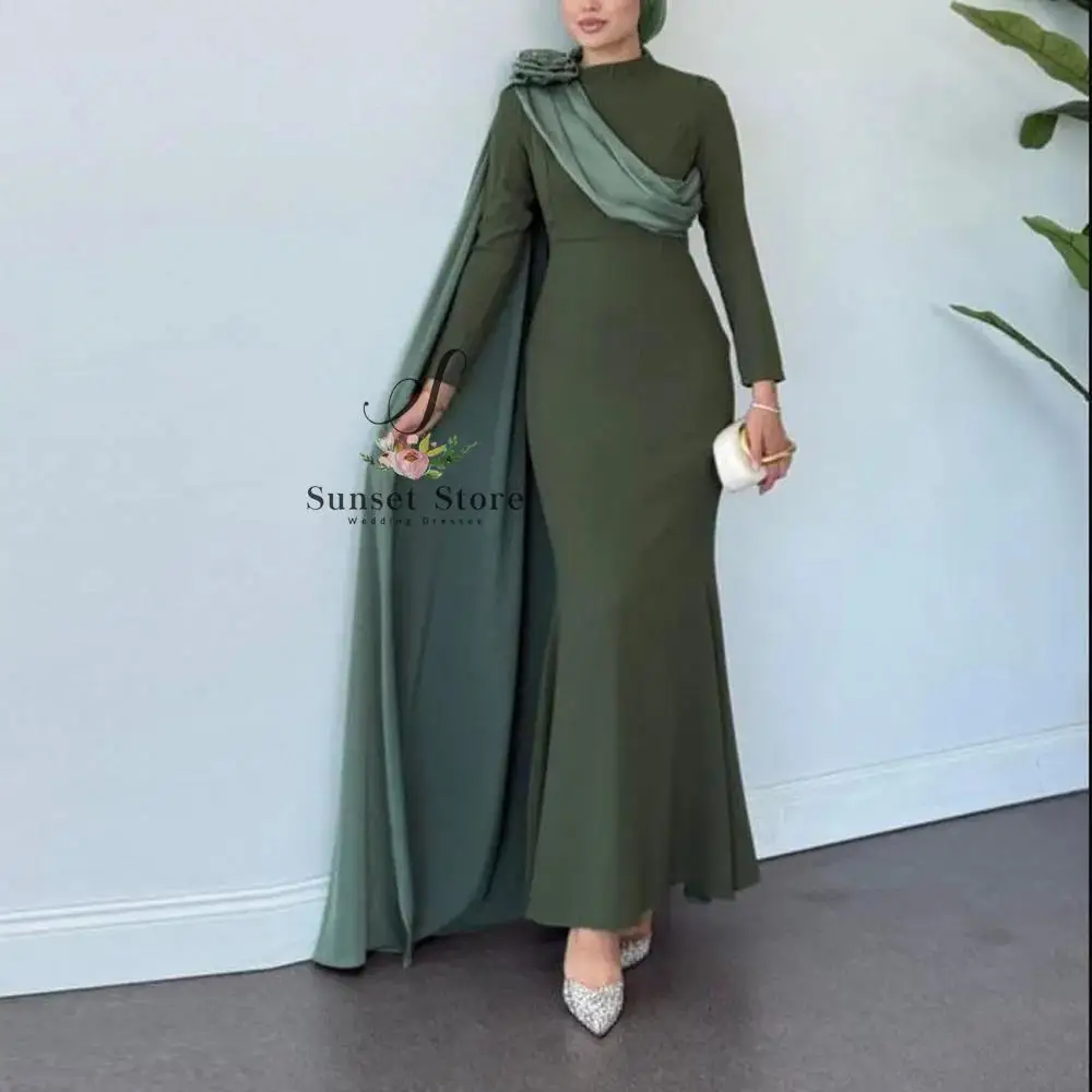 

Customized Green Abiye Evening Dresses Flower Hajib Formal Dress with Cape Hunter Green Mermaid Islamic Evening Gown