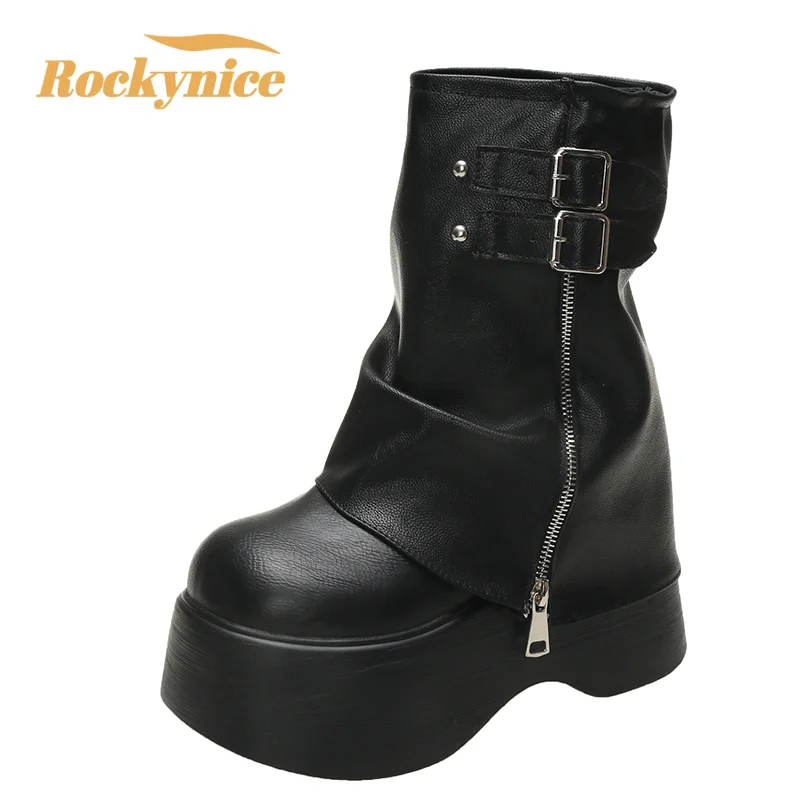 

Soft Leather Ankle Mid Calf Boots Winter Autumn High Platform Wedge British Booties Woman New Ladies Chunky Motorcycle Boots 9CM