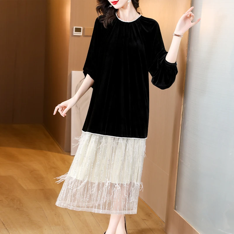 2024 Black Velvet Patchwork Pearl Mesh Long Sleeve Dress Autumn Winter Luxury Party Vestidos Women Korean Vintage Hepburn Dress