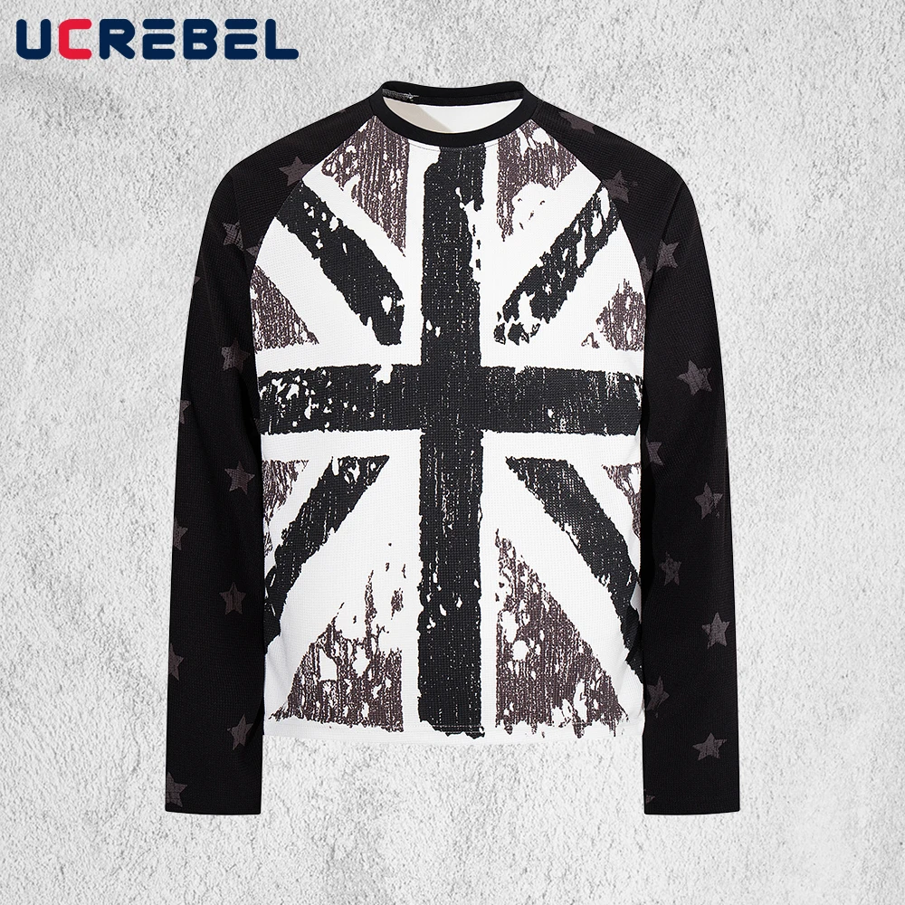 Retro Print Raglan Sleeve T-shirt Mens Autumn Casual Spliced Long Sleeve Loose Crew Neck Waffle Texture Tee Man