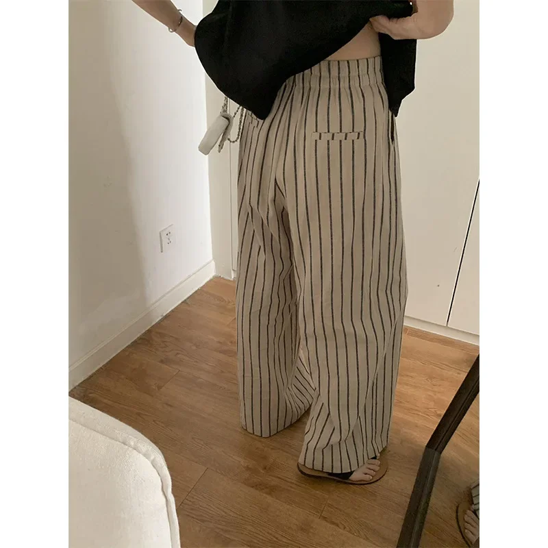 2024 Spring and Summer New Cotton and Linen Striped Casual Pants for Women Slim and Wide Leg Straight Leg Pants