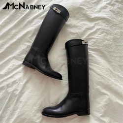 Classic Designer Boots Metallic Lock Buckle Knee Boots Black Leather Round Toe Flat Boots Luxury High Quality Women's Boots Sale