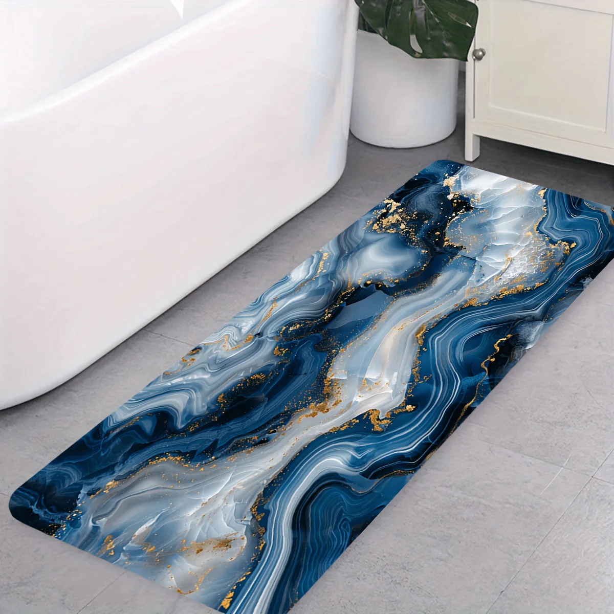 Blue Grey Gold Marble Print Bath Mat, Abstract Gilded Stone Texture Non-Slip Rug, Washable Luxury Decor Carpet for Bathroom