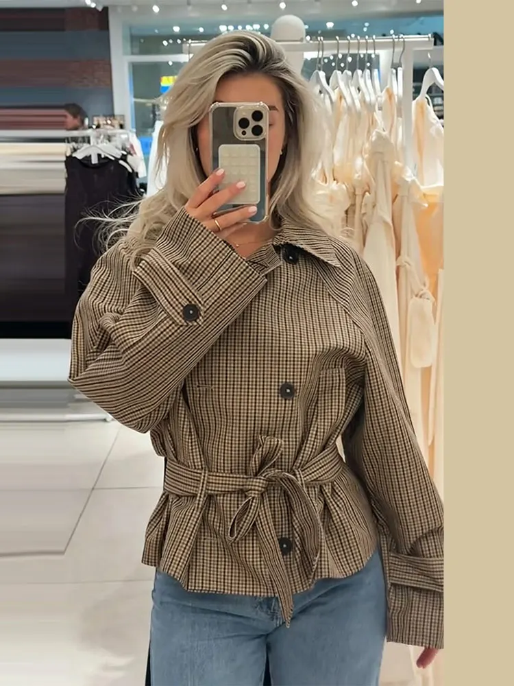 Plaid Windbreaker Grid Jacket Lapel Collar Double Breasted Trench Woman Coat Waist Tie Belt Long Sleeve Short Top Casual Clothes