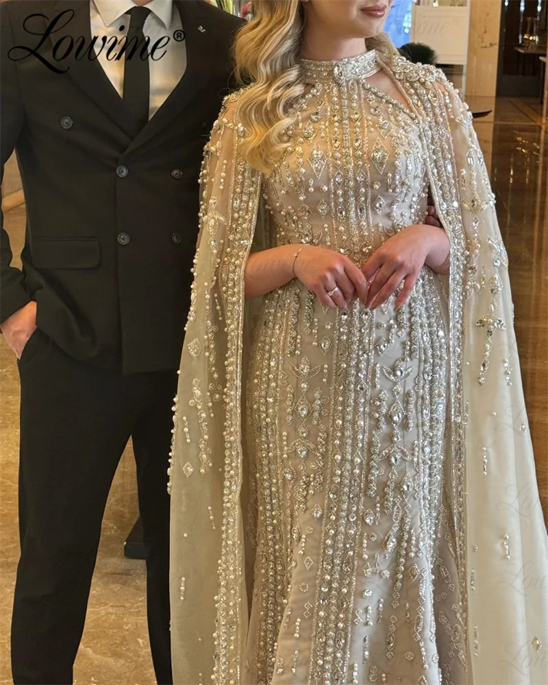 Dubai Design Evening Luxury Dress 2024 Cape Sleeves A Line Arabic Prom Dresses Abendkleider Heavy Crystals Beading Party Gowns