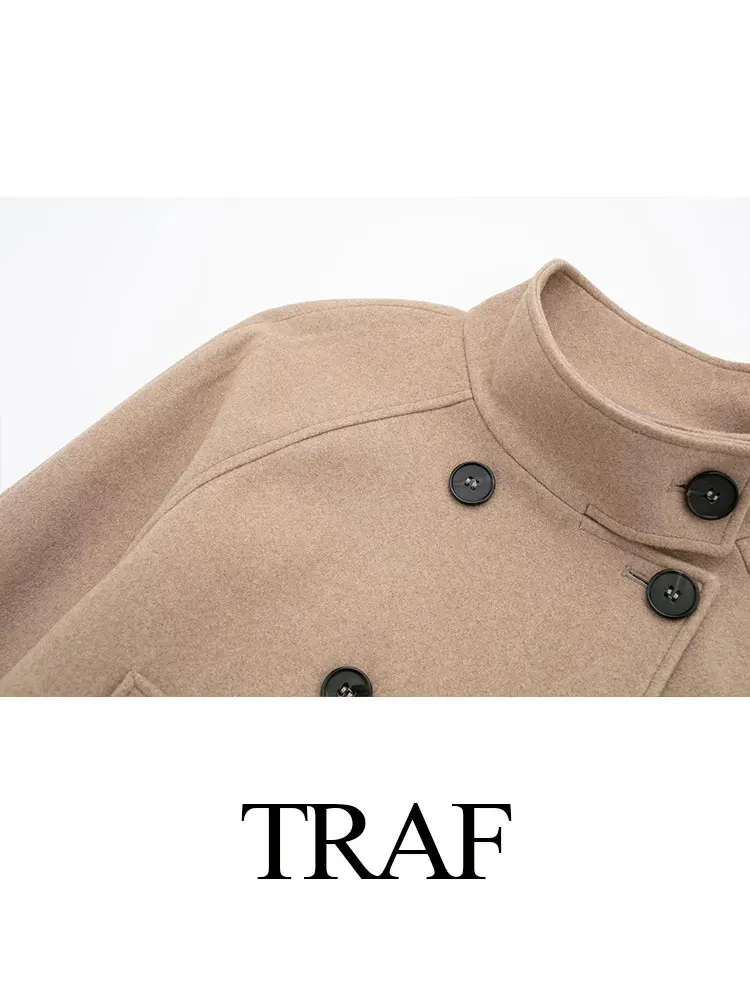 TRAF Winter Women\'s Retro Fashion Solid Black Woolen Coat Long Sleeve Double Breasted Stand Collar Coat Women\'s Chic Tops Y2K