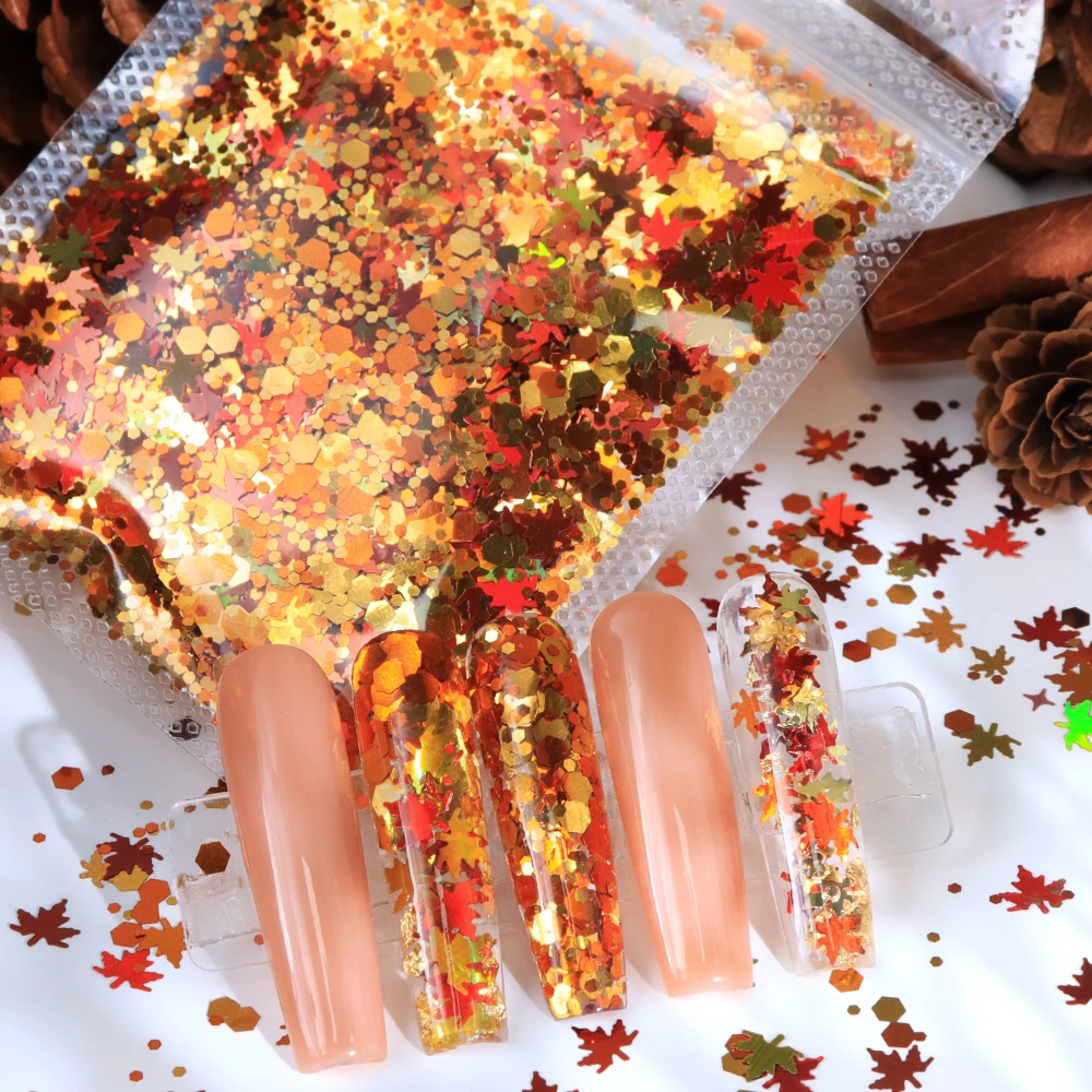 5 جرام الذهب مابل ليف الترتر الأظافر مواد الديكور خريف شتاء لامع بريق مسمار الفن سحر عيد الميلاد مانيكير DIY لوازم