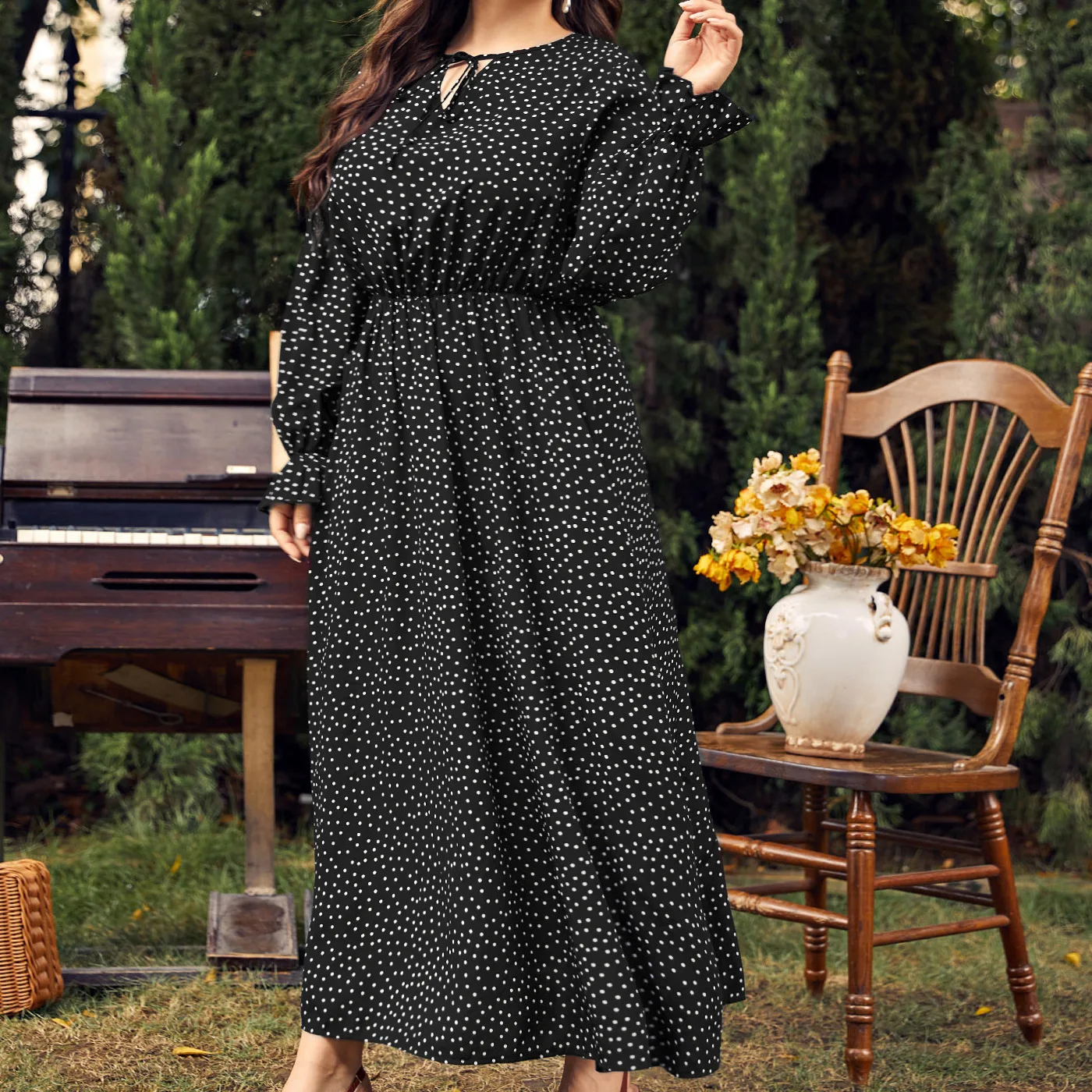 Robe à manches longues pour femmes, grande taille, col en v, style ethnique bohème, imprimé à pois, mode décontractée, printemps automne