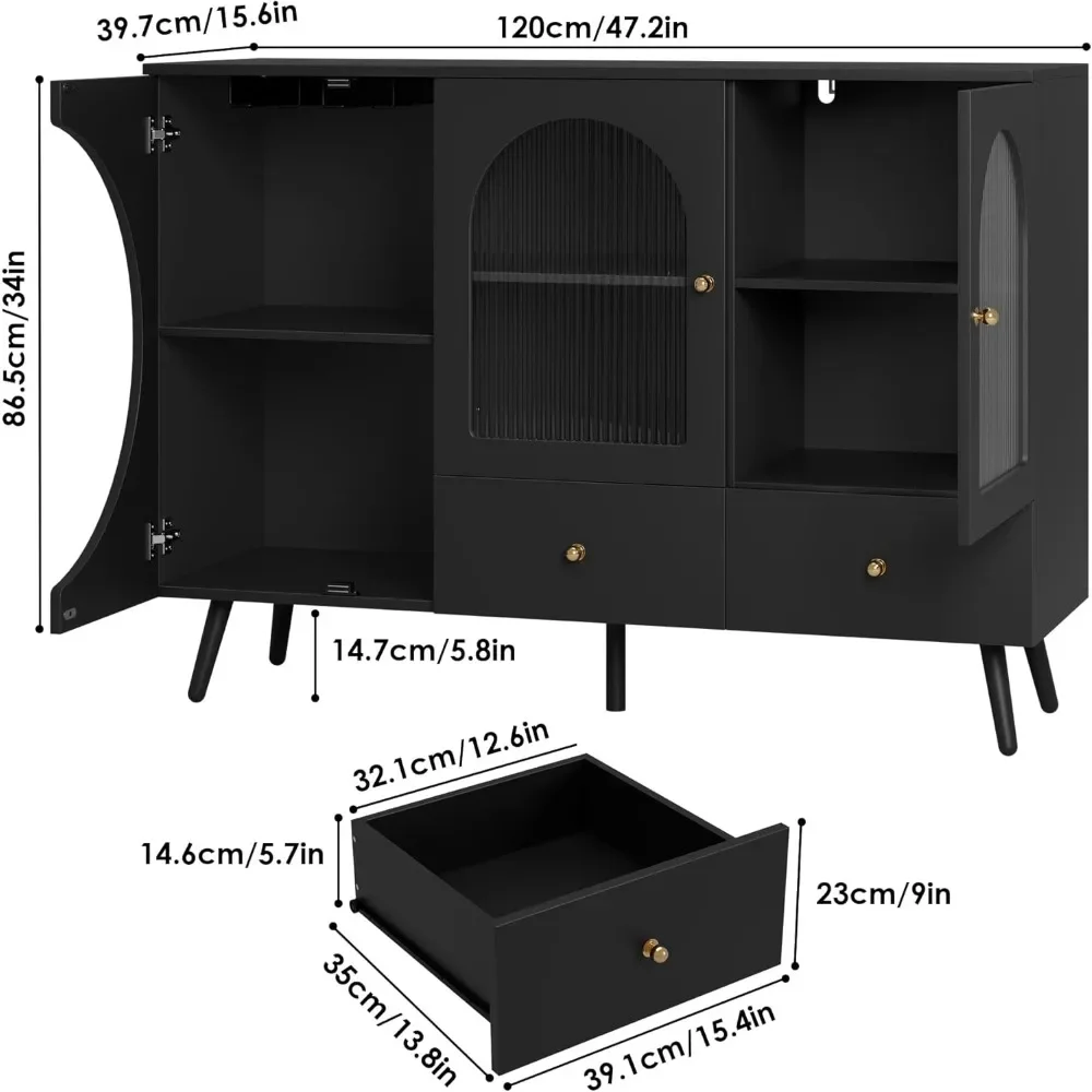 Coffee Bar Cabinet, Buffet Sideboard Cabinet with 2 Drawers and Fluted Glass Door, Wine Bar Cabinet for Kitchen, Dining Room