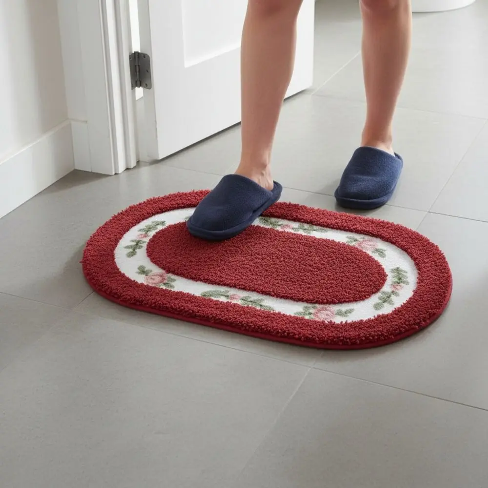 

Romantic Fluffy Rose Pattern Door Mat Absorbent Nonslip Bath Mat Pastoral Style Thickened Oval Floor Rug Bedroom