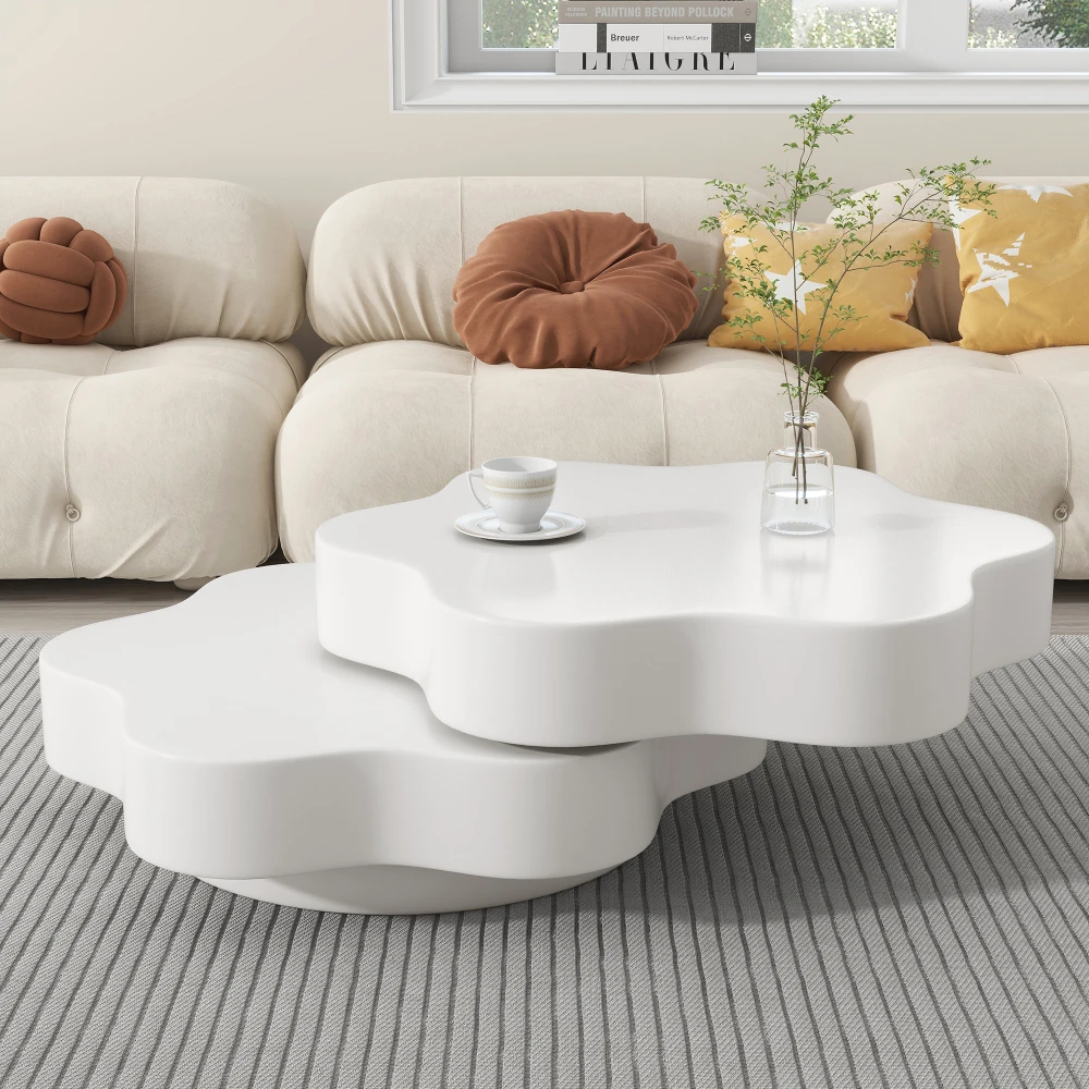 Ye Flower-shaped coffee table, 360° rotating tabletop, Rotating end table,2 shelves,  load capacity 30kg, 74.8*67.5*31cm, MDF