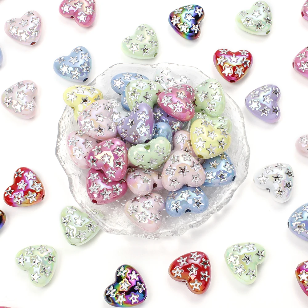 10Pcs Acrylic 3D Love Heart Beads Star Print Focal Beads for Diy Pens Charms Handmade Materials for Making Keychain Hairpin