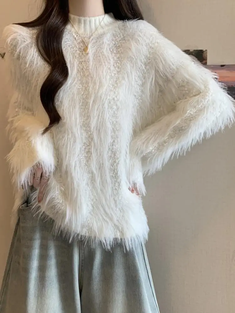 Pull à manches longues pour femme à col semi-tortue en fourrure en automne et en hiver