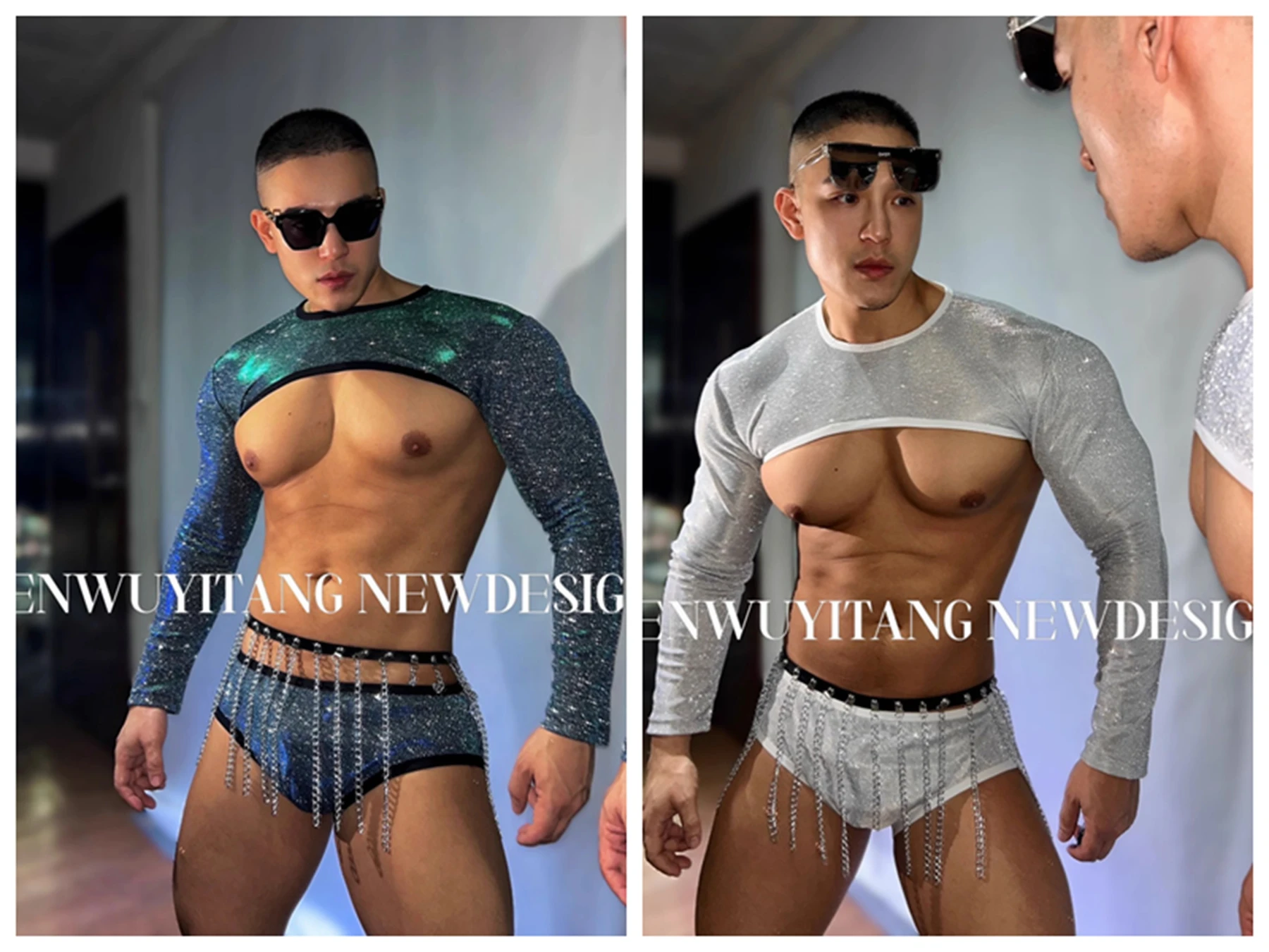 

Bar DS Performance Suit Men's Gogo Jazz DJ Leading Dance Sexy Shiny Silver tops Short Waist Chain Outfit Singer Stage Party Wear