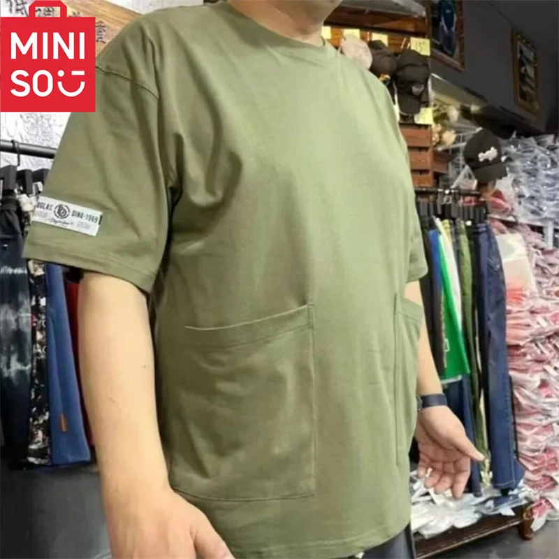 MINISO Summer Retro custom Patch Bag tinta unita t-shirt a maniche corte per uomo e donna tasche larghe e versatili